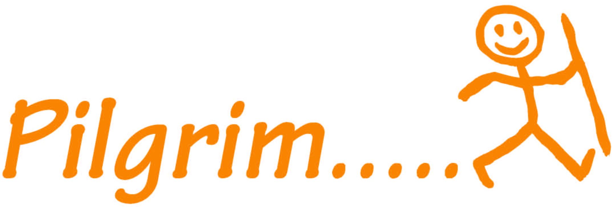 Schriftzug "Pilgrim" mit Strichmännchen mit Stock